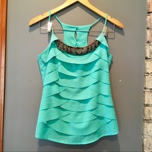 XOXO teal beaded racerback tank w/ button details